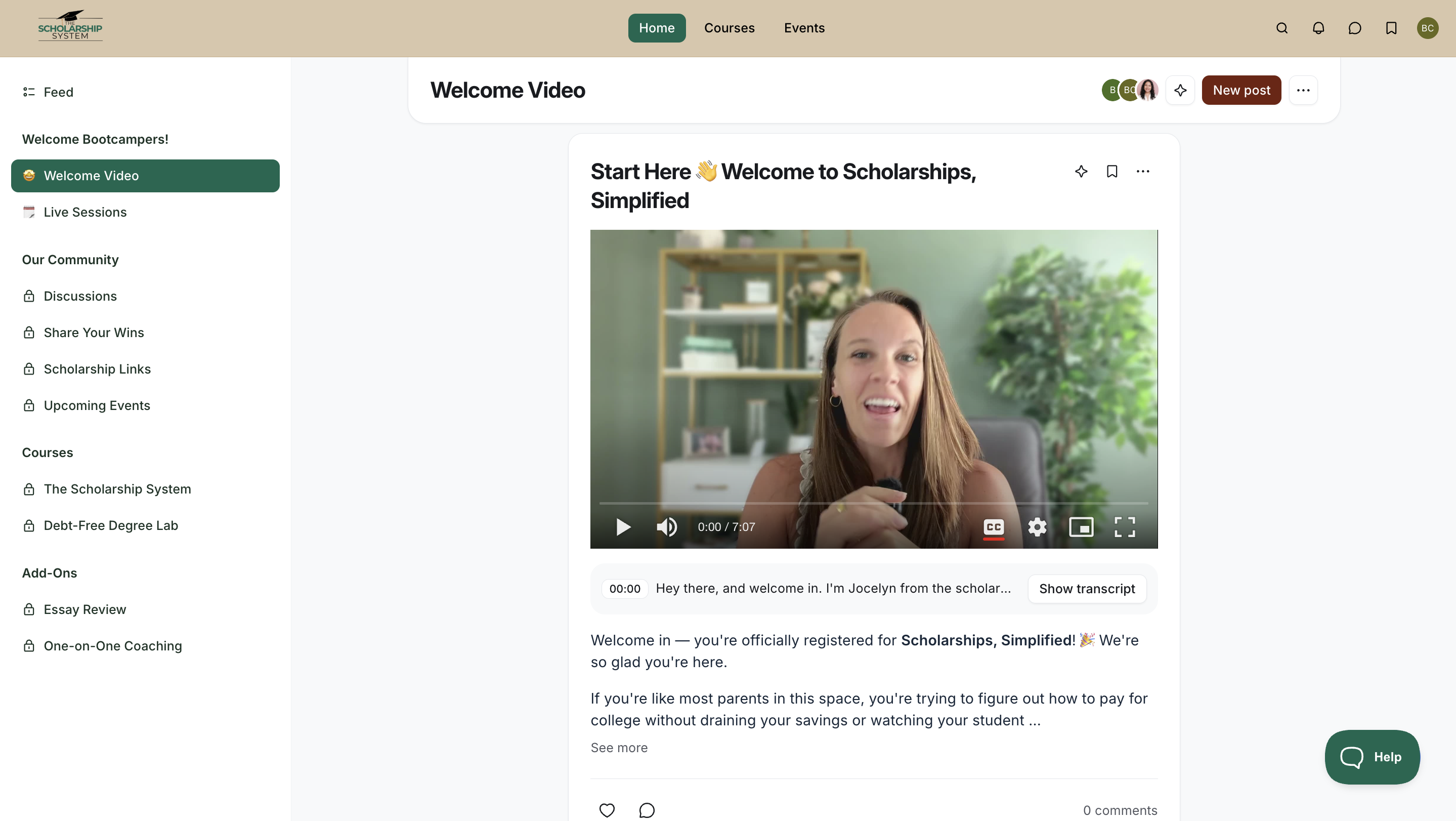 The private bootcamp community, with a welcome video and course spaces